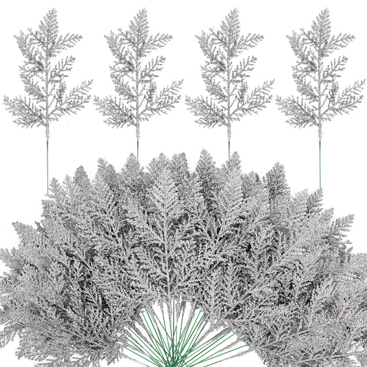 Watayo 45 Pcs Glitter Artificial Pine Needles- 10.6" Fake Foliage Pine Stems Picks- Silver Leaves Artificial Flowers Picks for Christmas DIY Garland Wreath Home Garden Decoration