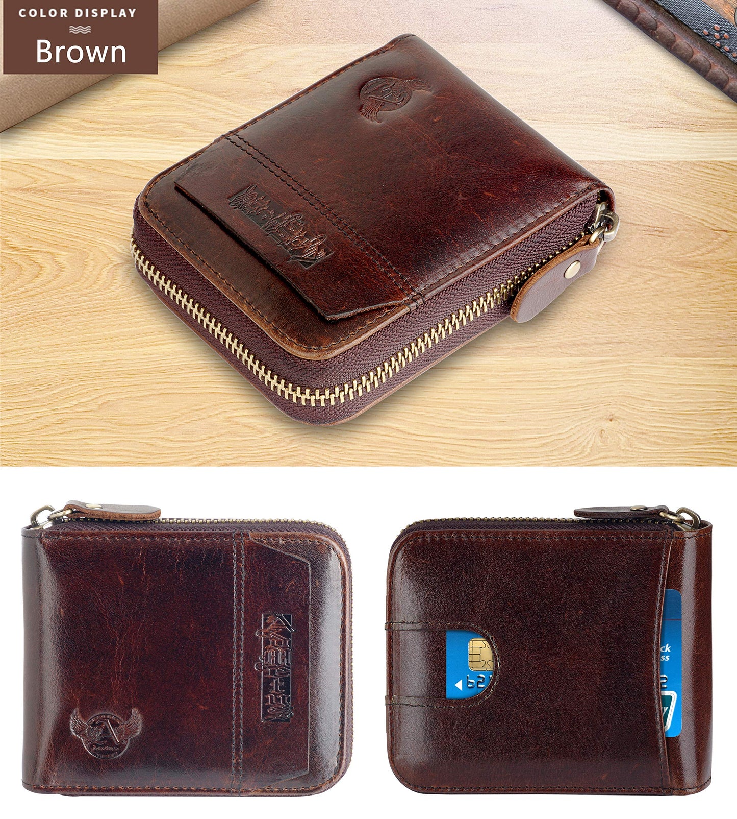 Admetus Men's Genuine Leather Short Zip-around Bifold Wallet (brown)