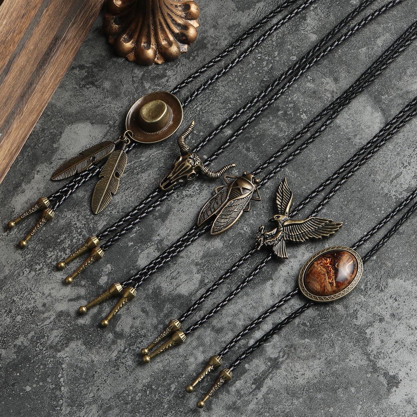Wrlcorly 5Pcs Bolo Tie for Men Western Cowboy Leather Necktie Handmade Tiger Eye Cicada Turquoise Cow Skull Flower Eagle Halloween Costume Accessories