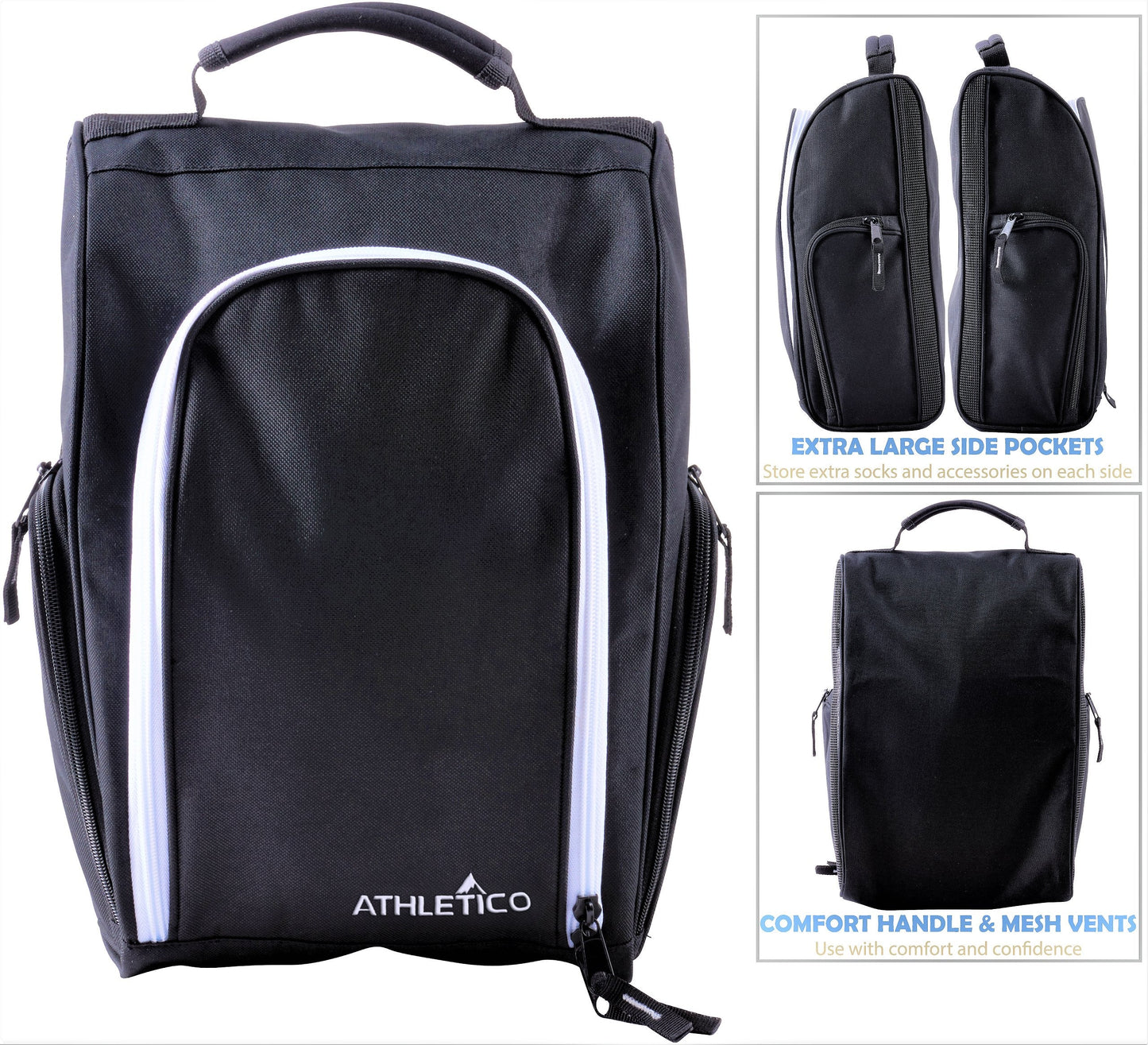 Athletico Golf Shoe Bag - Zippered Shoe Carrier Bags With Ventilation & Outside Pocket for Socks, Tees, etc. Perfect Storage (Black)