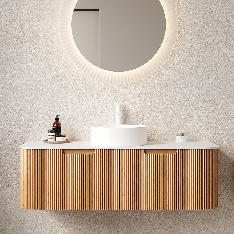 Elysionix 30 inch Bathroom Vanity with Sink, Pre-Installed Floating Bathroom Vanity Cabinet with Round White Ceramic Sink, Sintered Stone Countertop, Wall Mounted Storage Cabinet, Natural Wood Color