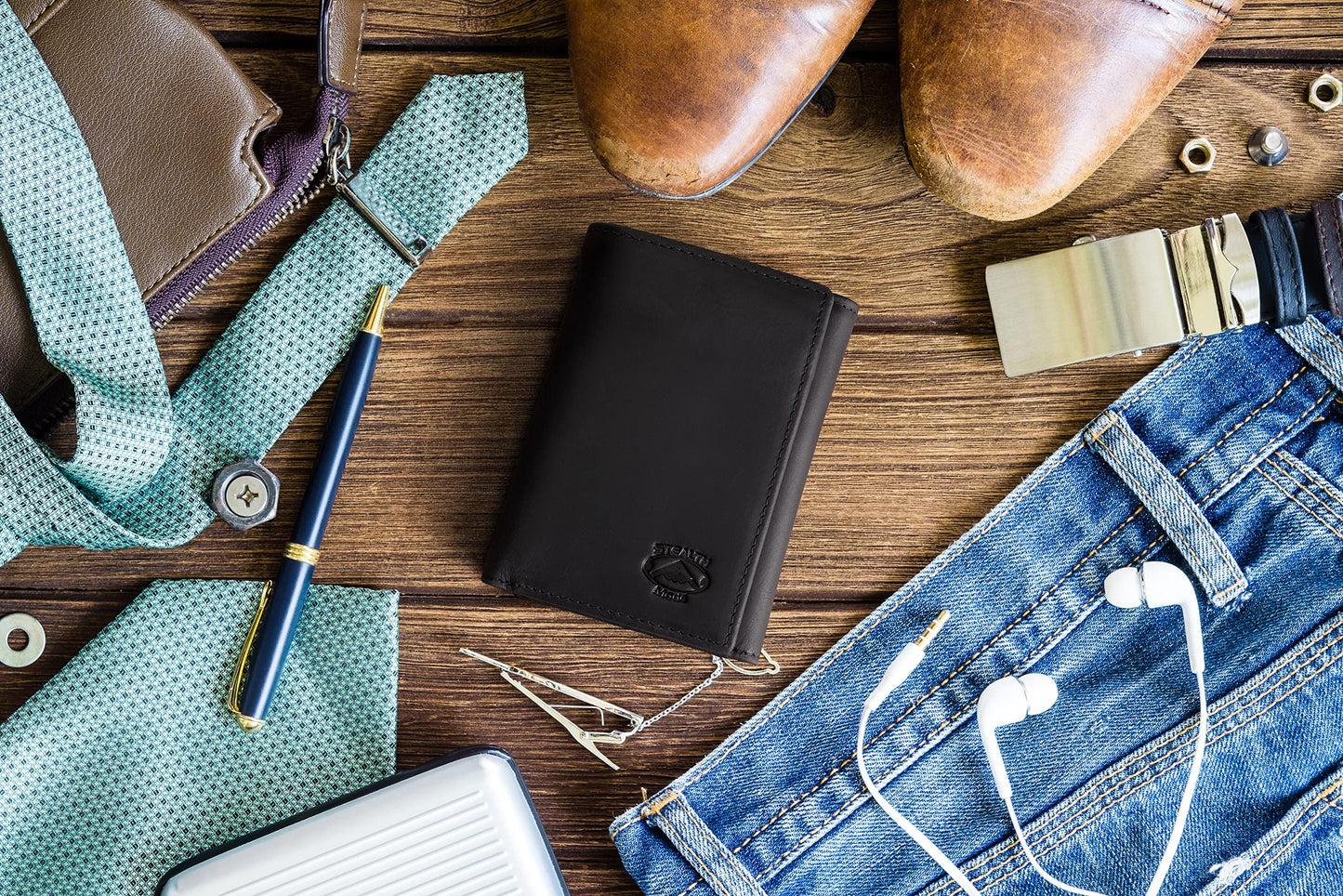Stealth Mode Trifold Leather Wallet for Men with ID Holder and RFID Blocking (Black)