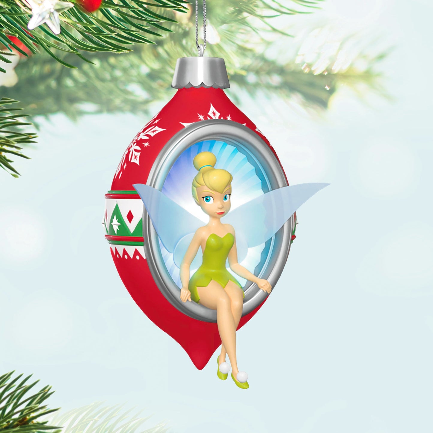 Hallmark Keepsake Disney Christmas Ornament, Tinker Bell Trimming the Tree with Tink with Light, Gifts for Disney Fans