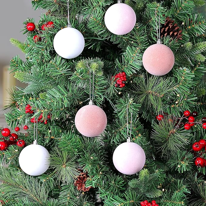 Amooca 3.15in Large Christmas Balls Ornaments Flocking Xmas Tree Hanging Decoration New Year Holiday Party Baubles 6pc Set Pink White