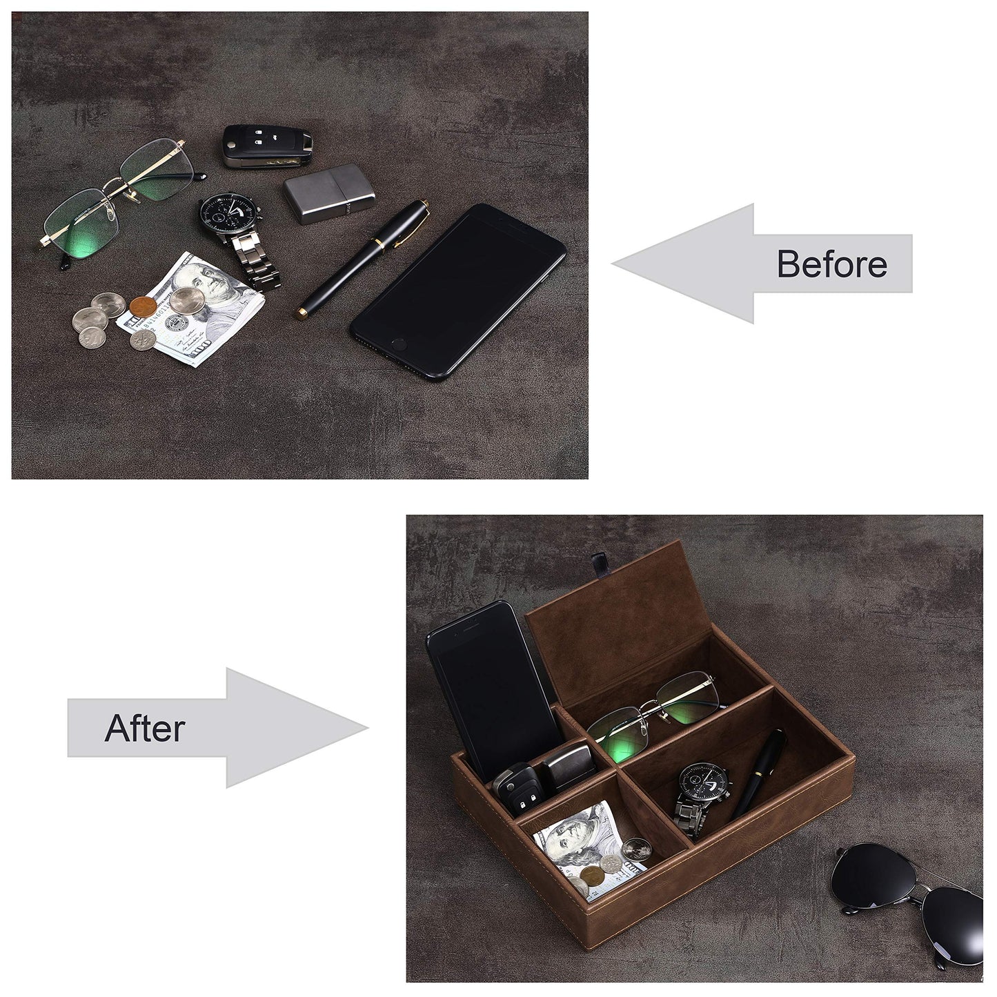 BEWISHOME Mens Valet Tray for men, Nightstand Organizer, Dresser Organizer, Catch All for Mens AccessoriesFaux Leather,Brown SSH06Z