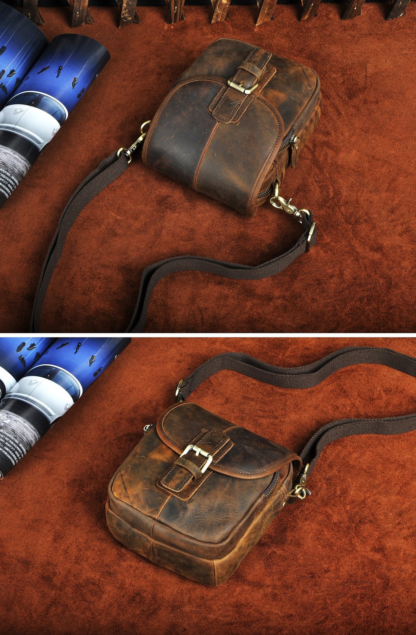 Le'aokuu Men Leather Fashion Mini Messenger Crossbody Bag Designer Hook Organizer Waist Hip Bum Belt Bag Pack (0 1168 brown)