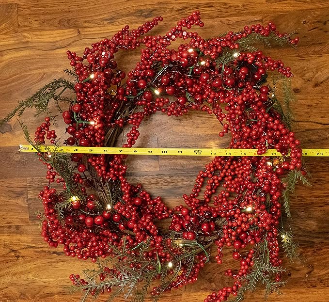 Red Co. 22” Light-Up Christmas Wreath with Red Cranberries, Battery-Operated LED Lights with Timer