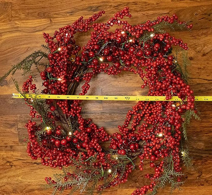 Red Co. 22” Light-Up Christmas Wreath with Red Cranberries, Battery-Operated LED Lights with Timer