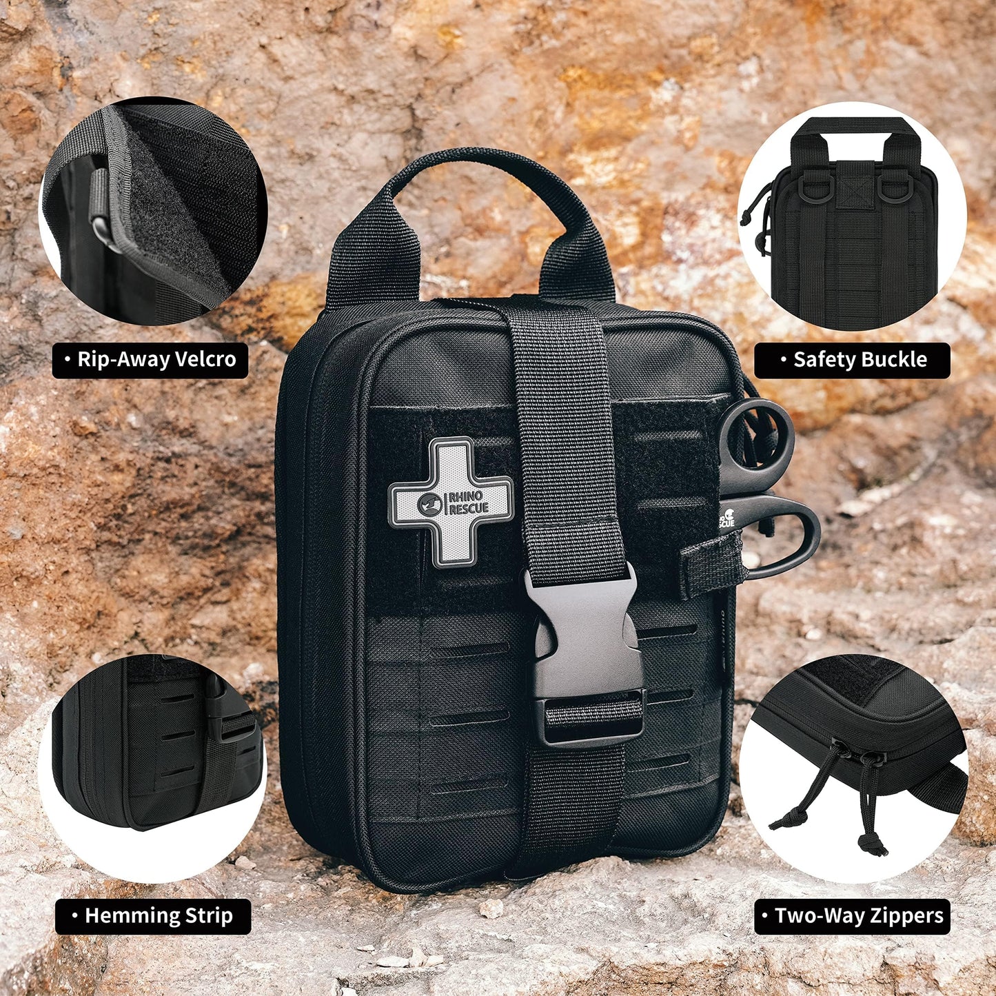 RHINO RESCUE Survival First Aid Kit, HSA/FSA Eligible, Emergency Kit Molle Pouch IFAK Medical Kit for Vehicles Car Camping Backpacking Hiking Hunting Black