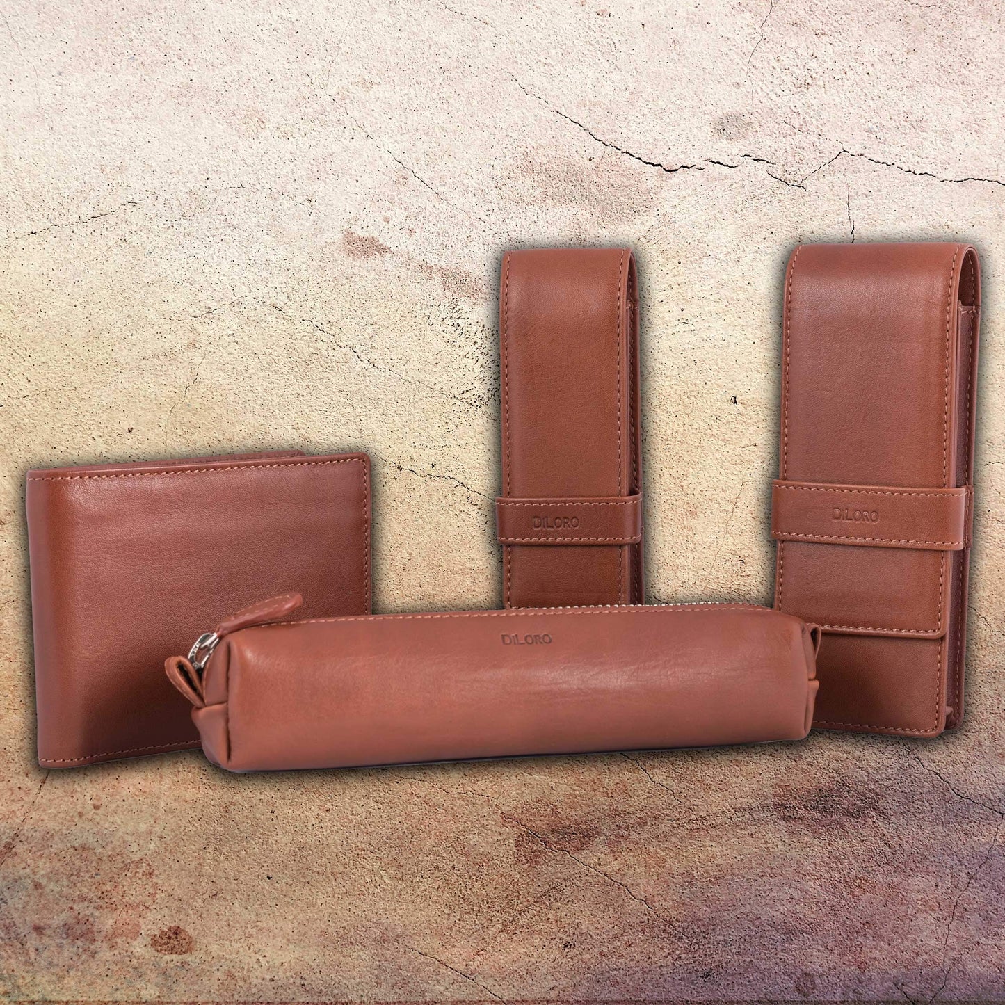 DiLoro Leather Triple Pen Case Pencil Pouch Holder for Three Fountain Ballpoint Rollerball Pens and Pencils (Bugatti Tan)