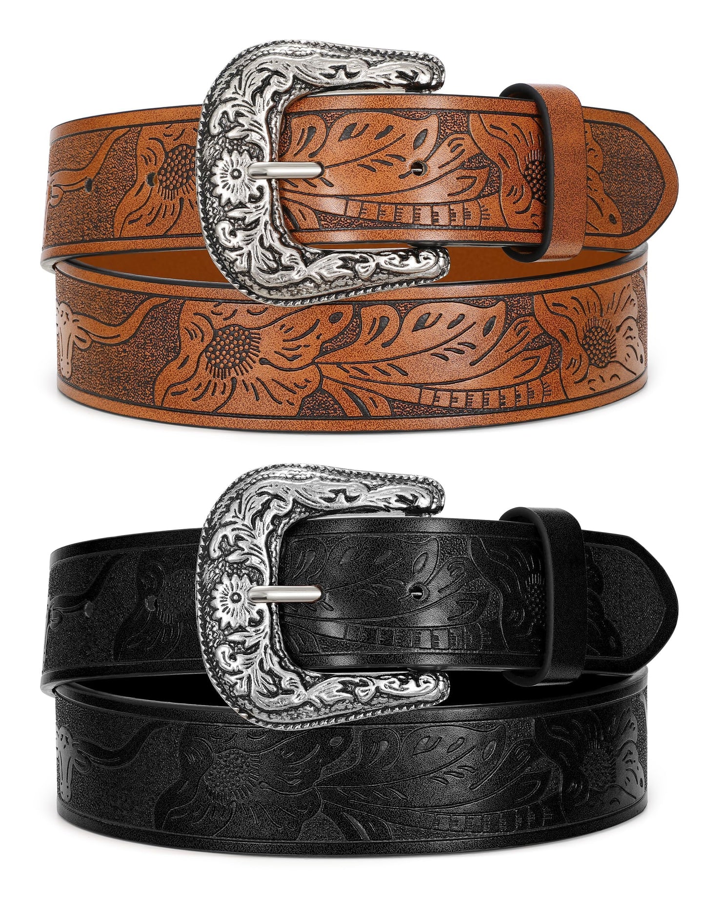 WOWOGO 2 Pack Western Cowboy Belts for Men Women Cowgirl Country Floral Engraved Pu Leather Belt with Longhorn Bull Buckle