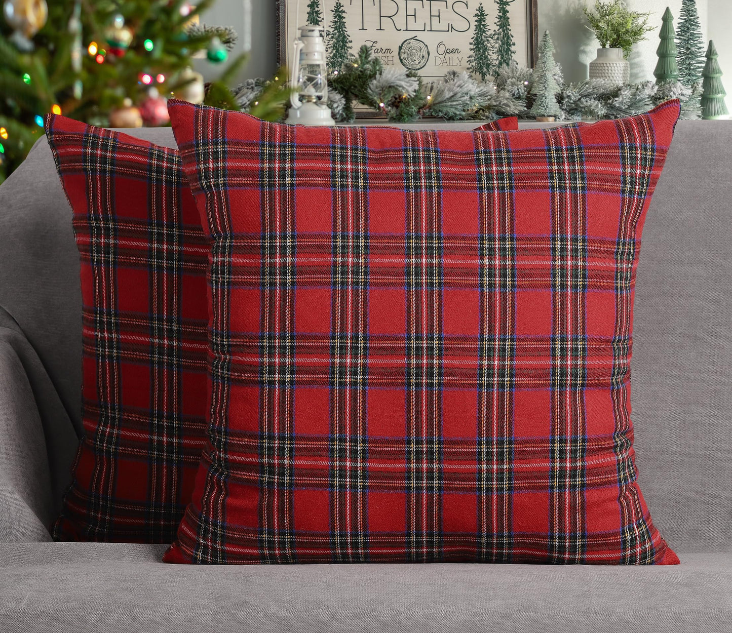 4TH Emotion Set of 2 Christmas Scottish Tartan Plaid Throw Pillow Covers Cushion Case Polyester for Farmhouse Home Decor Red and Green, 18 x 18 Inches
