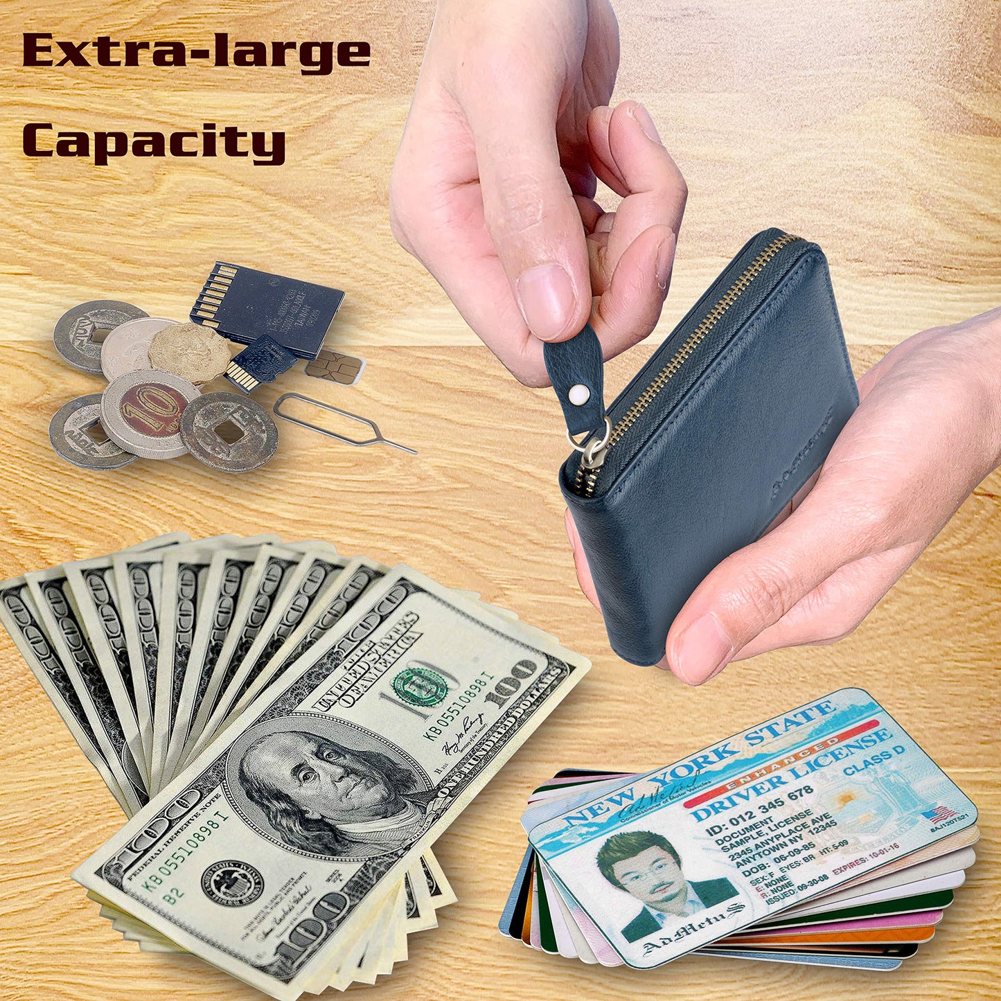 Admetus Men's Zipper Wallet Leather Bifold Wallets Slim RFID Blocking Zip Around Credit Card Holder Compact Small Wallet 2Navy Blue