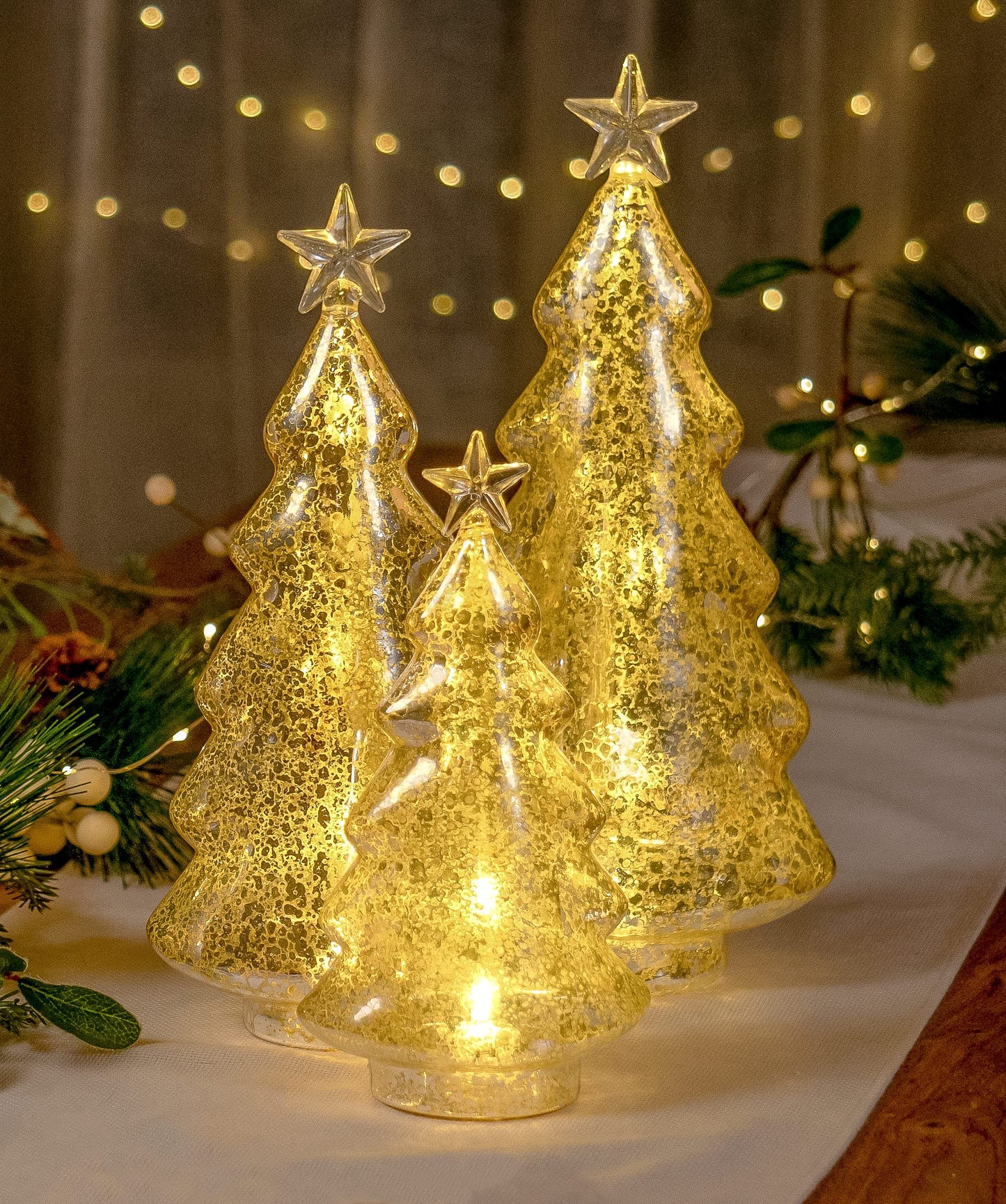 Red Co. 8.5”, 11”, 12.5” Light-Up Clear Glass Christmas Tree Tabletop Display Figurine Set of 3 Sizes, Mercury Gold