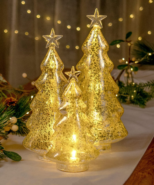 Red Co. 8.5”, 11”, 12.5” Light-Up Clear Glass Christmas Tree Tabletop Display Figurine Set of 3 Sizes, Mercury Gold