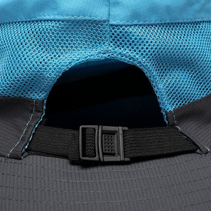Womens Summer Sun Hat Beach Hat Wide Brim Outdoor UV Protection Hat Foldable Cool Mesh Ponytail Bucket Hat (Sky Blue-Gray)