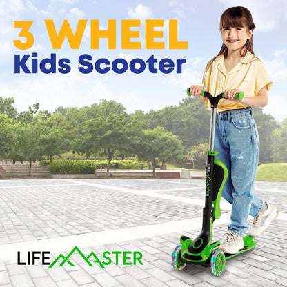 3 Wheel Scooter for Kids with Foldable Seat, Adjustable Handlebar Height, Lean-to-Steer Ride On Toy for Kids Ages 2+, Light-Up LED Wheels, Wide Anti Slip Deck, Indoor & Outdoor Use, Green