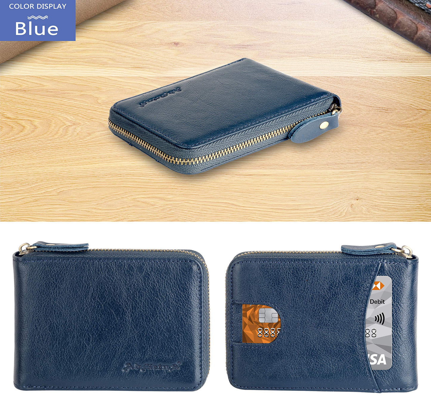 Admetus Men's Zipper Wallet Leather Bifold Wallets Slim RFID Blocking Zip Around Credit Card Holder Compact Small Wallet 2Navy Blue