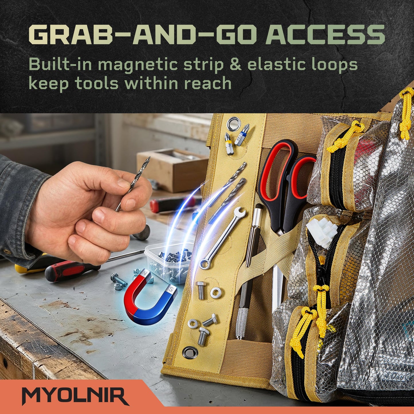 Myolnir Roll Up Tool Bag Organizer With Kickstand - Full-Size 25" Heavy Duty Tool Roll Bag - Portable Rollup Toolbag With Magnetic Panels & Transparent Pockets - Mechanic, Electrician & Tradesperson