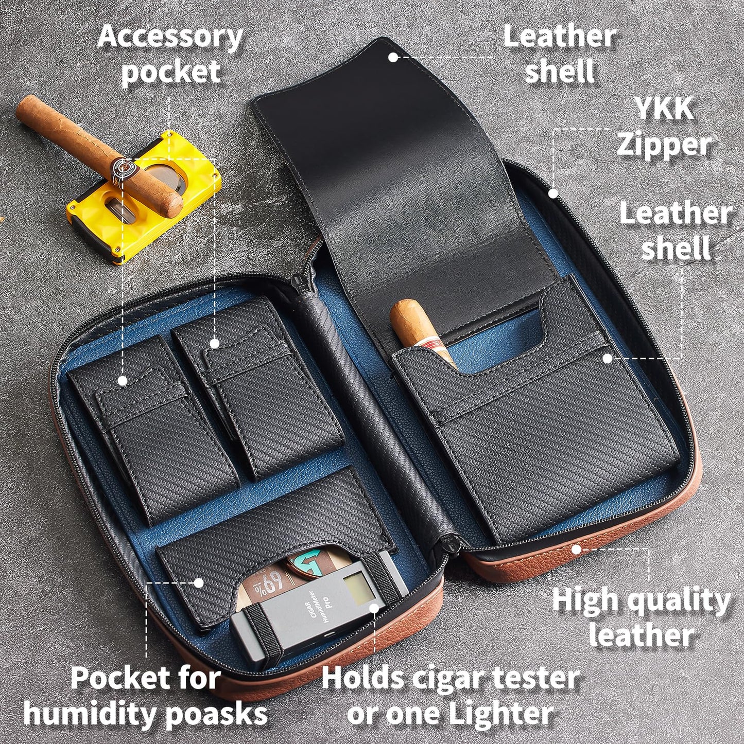 68 Degrees Travel Cigar Humidor, Handmade Leather Case with 3 Pockets, Portable Cigar Holder Fits 5 Cigars, Brown