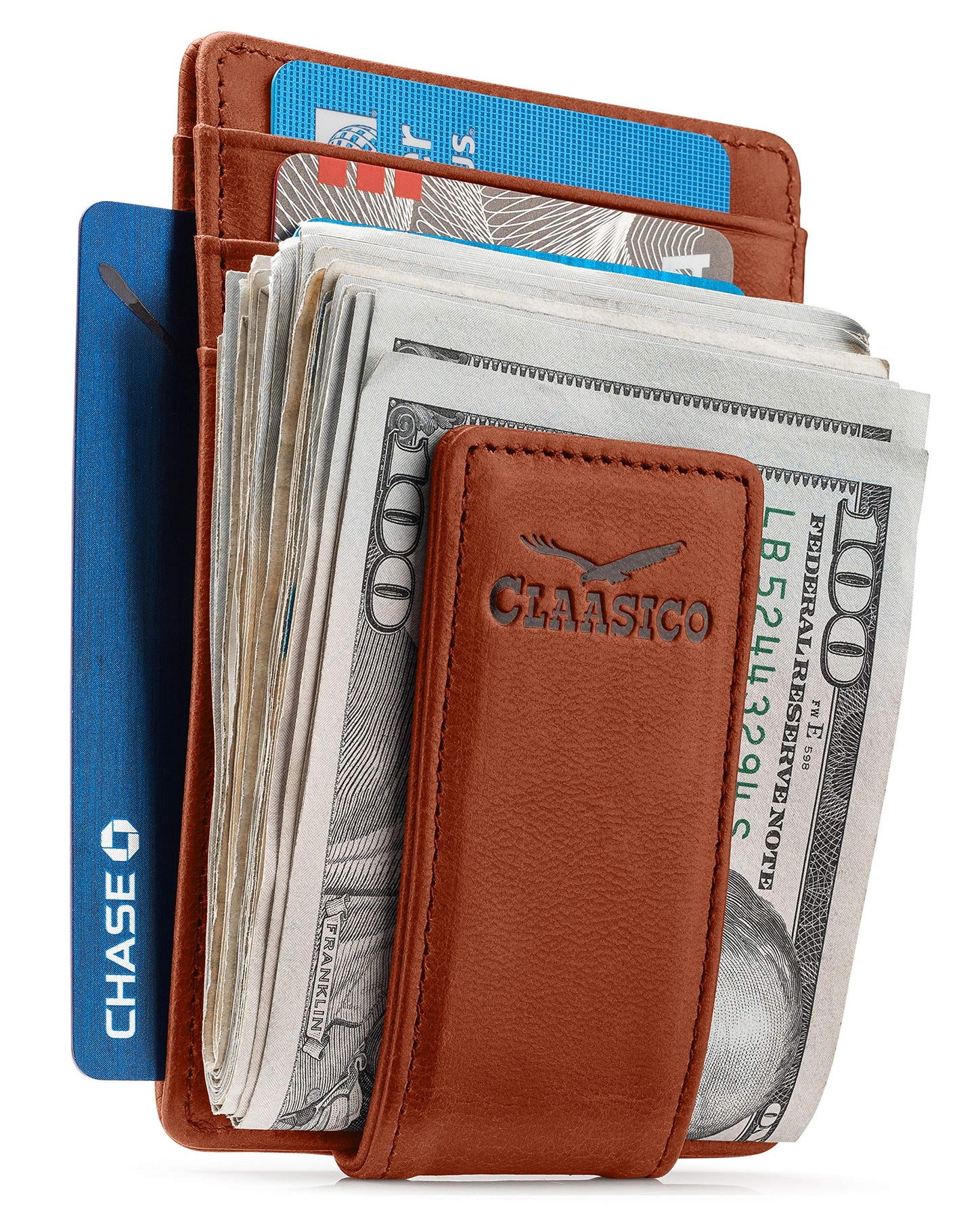 Claasico Men’s Leather Money Clip Wallet – Slim Front Pocket Wallet w/Super Strong Magnetic Clip, RFID Blocking, 5 Card Slots & Center Pocket + ID Window