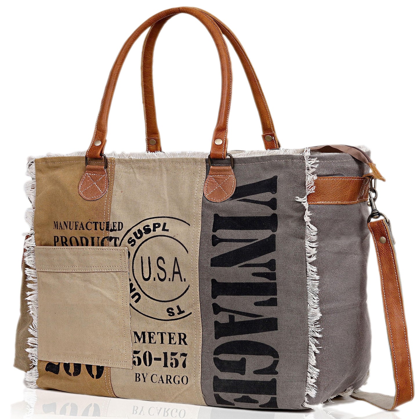 CLA Bags SEL de MER Large Upcycled Canvas & Cowhide Leather Crossbody Tote Handbag for Women (Cream & Grey Color)
