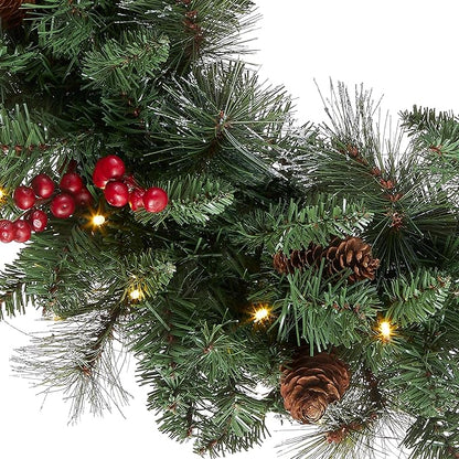 National Tree Company Pre-Lit Artificial Christmas Wreath, Green, Crestwood Spruce, White Lights, Decorated with Pine Cones, Berry Clusters, Frosted Branches, Christmas Collection, 24 Inches