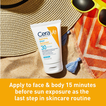 CeraVe Hydrating Sheer Sunscreen with SPF 30 for Face and Body, Mineral & Chemical Sunscreen for Men & Women with Zinc Oxide, Hyaluronic Acid and Ceramides, Paraben-Free + Fragrance-Free, 3 Ounces