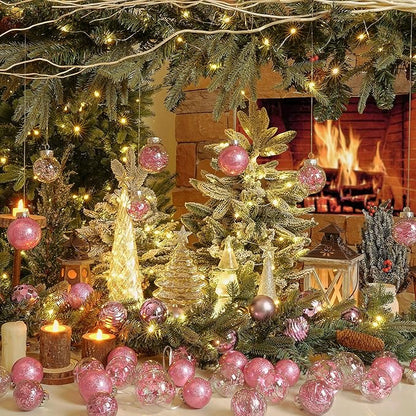XmasExp 32ct Christmas Ball Ornaments Set -Pink Clear Plastic Shatterproof Xmas Tree Ball Decorations Hanging Baubles for Holiday Decor