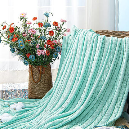 NTBAY 100% Pure Cotton Oversize (60x80) Cable Knit Throw Blanket, Super Soft Warm Knitted Throw Blanket for Bed, Sofa, Chair, Couch - Extra Cozy, Machine Washable, Comfortable Home Decor, Mint