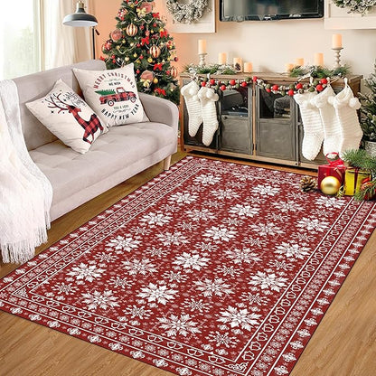 4' X 6' Christmas Rug Snowflake Area Rugs for Living Room Bedroom Dining Room Nursery Dorm Plaid Mat Washable for Kids Girls Women Xmas Carpet Floor Pad Doormat Winter