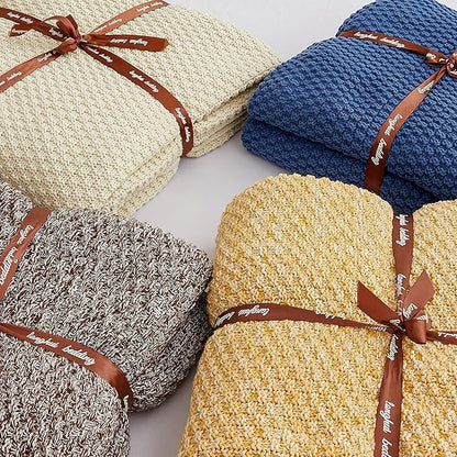 Longhui bedding Gold Knitted Throw Blanket for Couch, Soft, Cozy Machine Washable 100% Cotton Sofa Blanket, Heavy 2.5lb Weight, Laundry Bag Included, Mustard Yellow and White