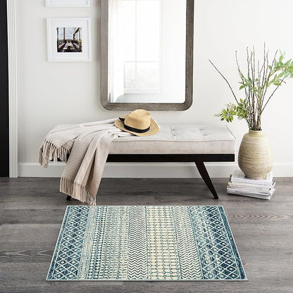 Geometric Moroccan Small Rug 2x3, Soft Non-Slip Distressed Retro Blue Rug Front Door Mat, Machine Washable Kitchen Rug Indoor Door Mats for Entryway Bedroom Bathroom Kitchen