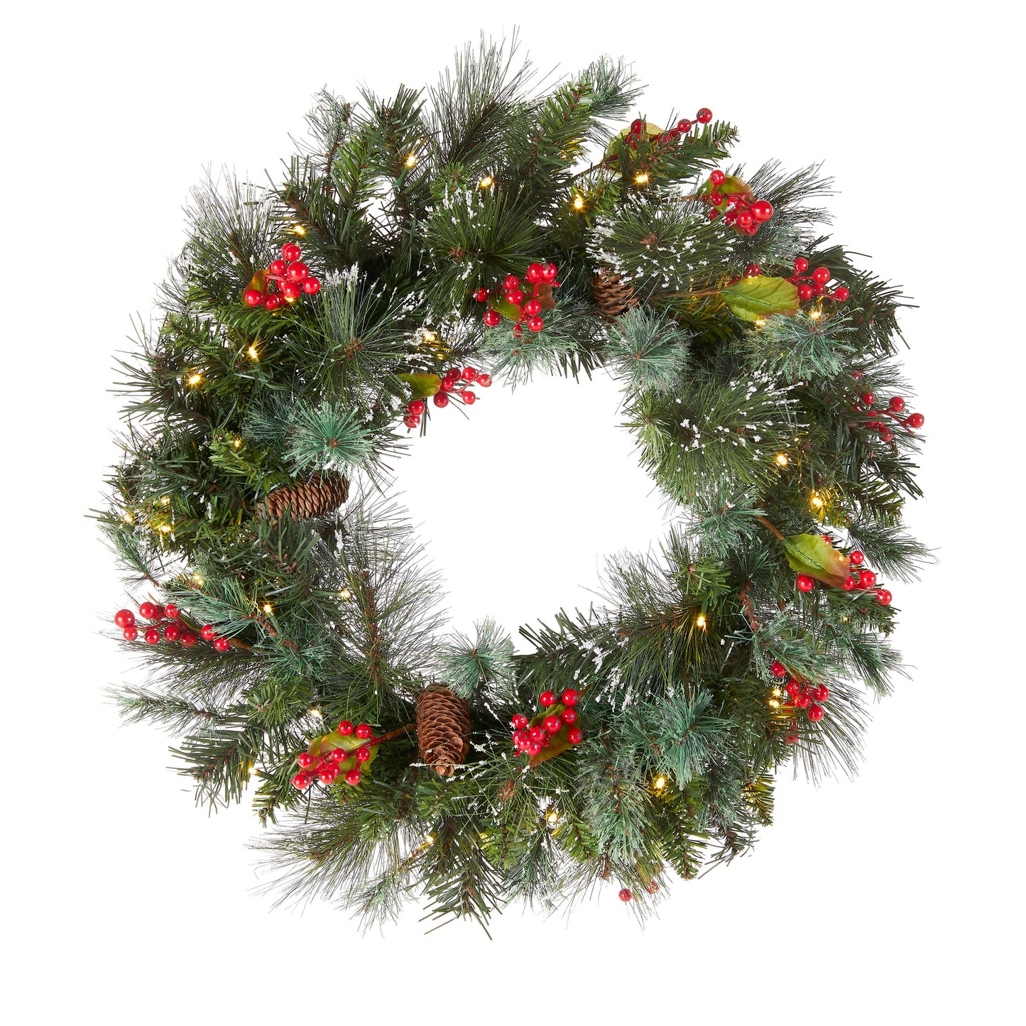 National Tree Company 24 in Pre-Lit Wintry Pine Flocked Artificial Christmas Wreath, Christmas Decoration with Pinecones, Red Berries, 50 Clear LED Lights, 113 Tips, Timer, Green