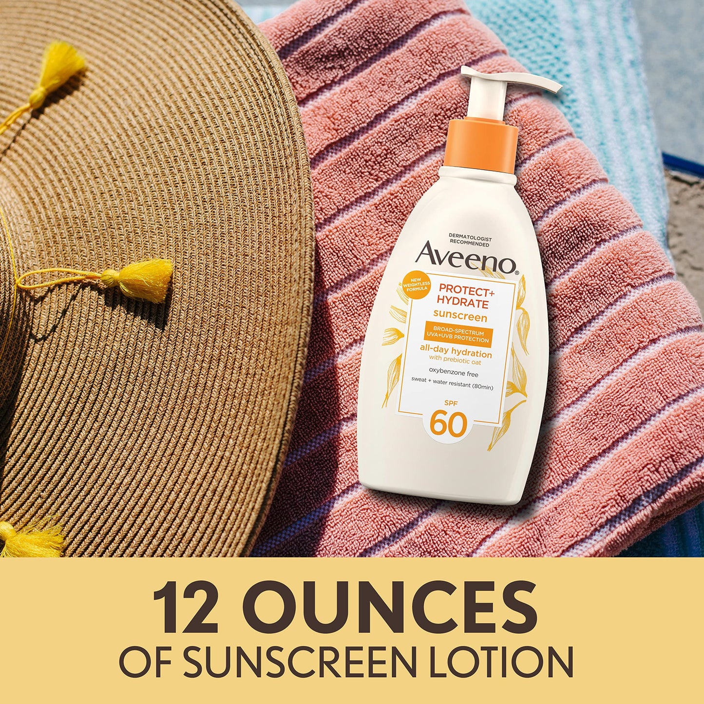 Aveeno Protect + Hydrate Sunscreen Moisturizing Body Lotion with Prebiotic Oat, Broad Spectrum SPF 60, Paraben, Oxybenzone & Oil Free, Weightless, Water & Sweat Resistant for Sensitive Skin, 12 Fl Oz
