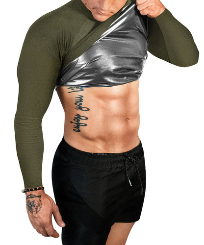 FUXERT Sauna Shirt for Men Long Sleeve Sauna Suit Heat Trapping Workout Shirts Sweat Enhance Vest for Workout Sports(GN XL)