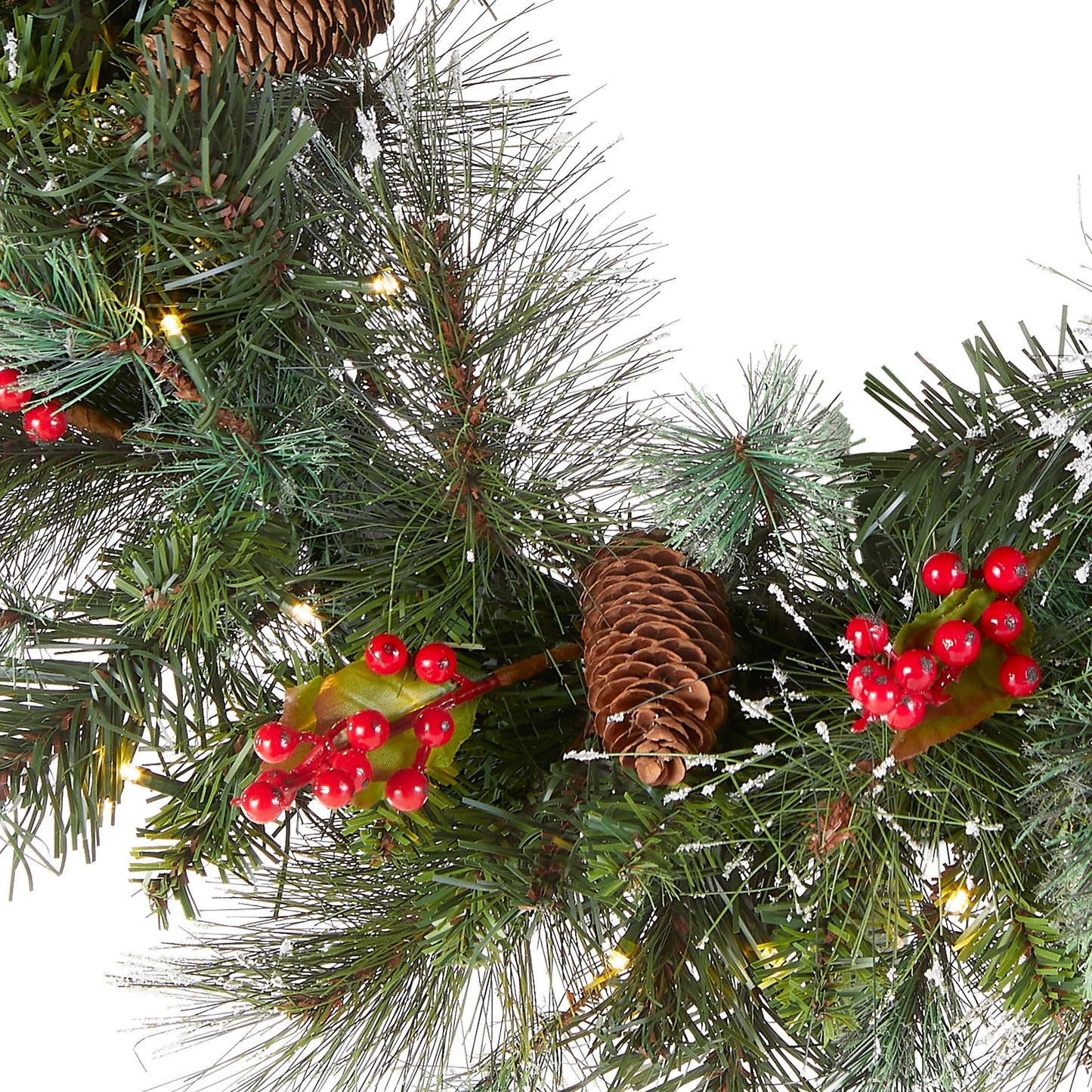 National Tree Company 24 in Pre-Lit Wintry Pine Flocked Artificial Christmas Wreath, Christmas Decoration with Pinecones, Red Berries, 50 Clear LED Lights, 113 Tips, Timer, Green