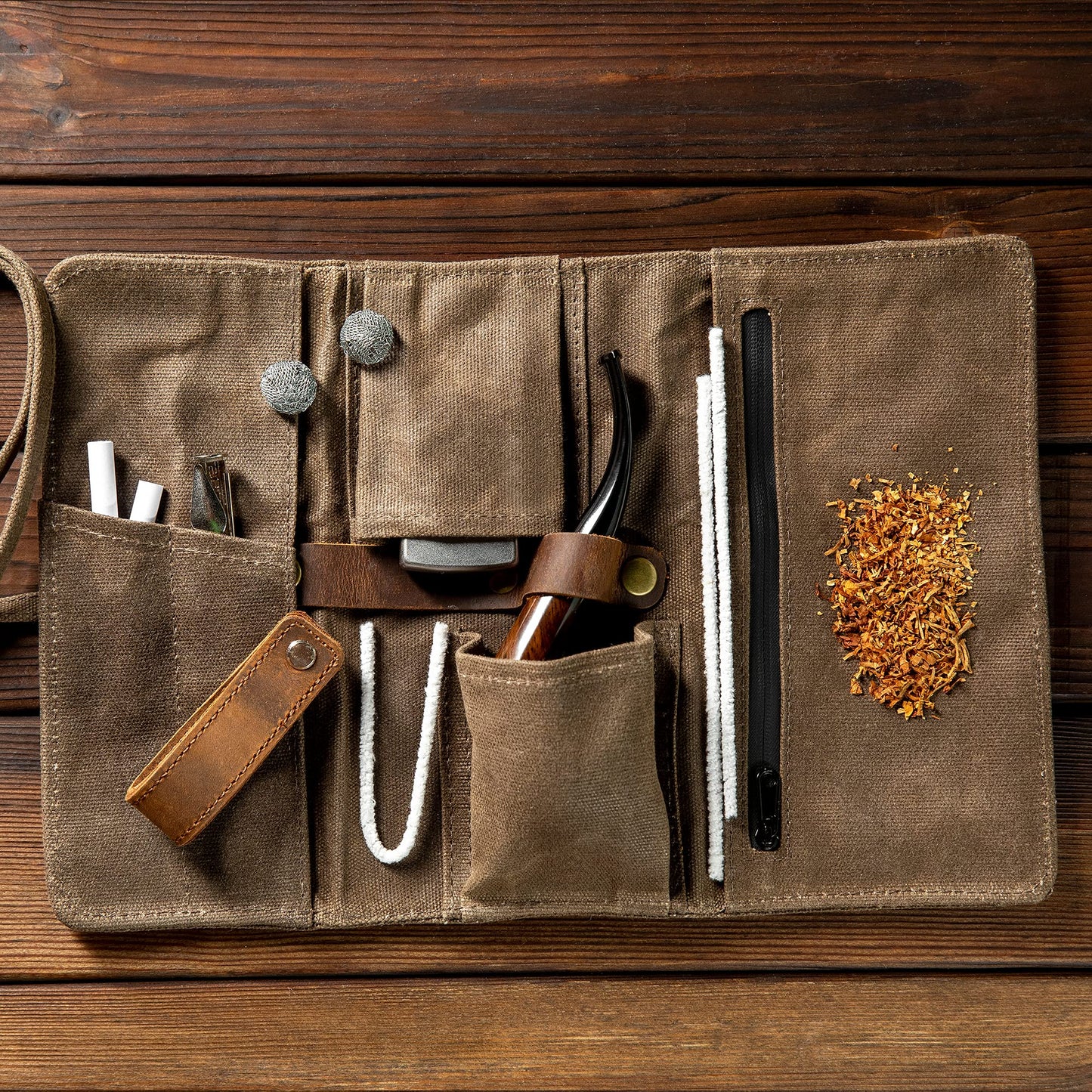 Whitluck's Waxed Canvas Tobacco Smoking Pipe Pouch with Leather Pipe Stand, Travel Pipe Case Bag for 2 Pipes and Other Accessories