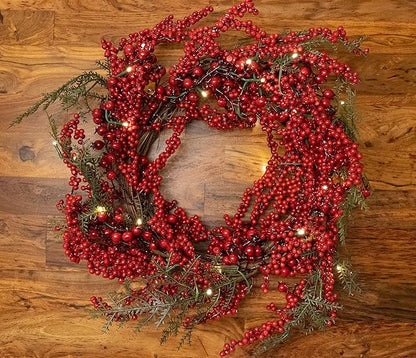 Red Co. 22” Light-Up Christmas Wreath with Red Cranberries, Battery-Operated LED Lights with Timer