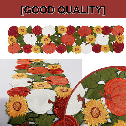 OWENIE Thanksgiving Table Runner, Pumpkin Fall Table Runner, Fall Decor for Home with Harvest Sunflowers Pumpkins, Cutwork Applique Embroidered Centerpieces, 13 Inch x 54 Inch, Orange
