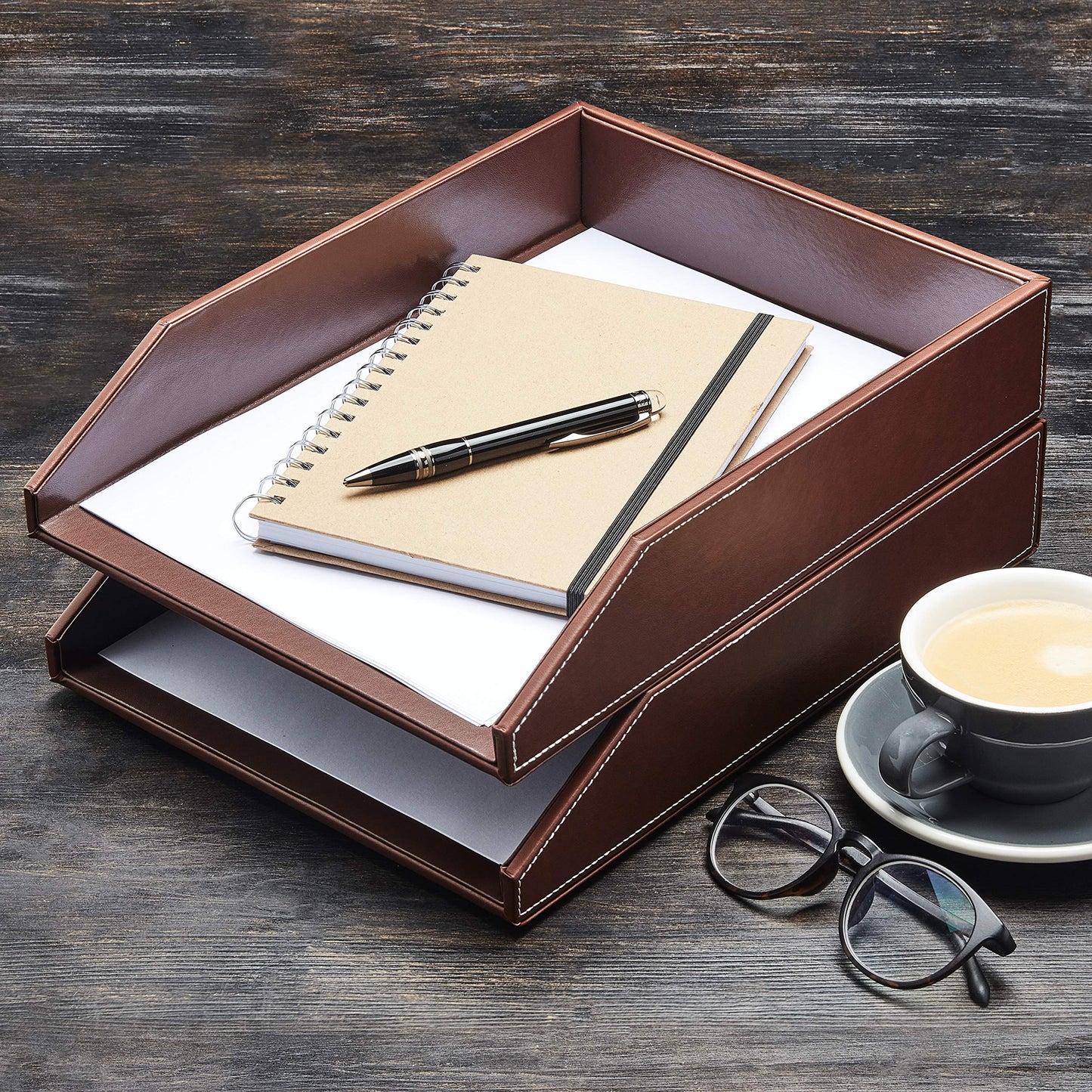 Gallaway Leather Letter Desk Organizer - Premium PU Leather Perfect for Office Organization, Document Holder Fits A4 Paper, Stackable Drawers for Extra Desk Storage
