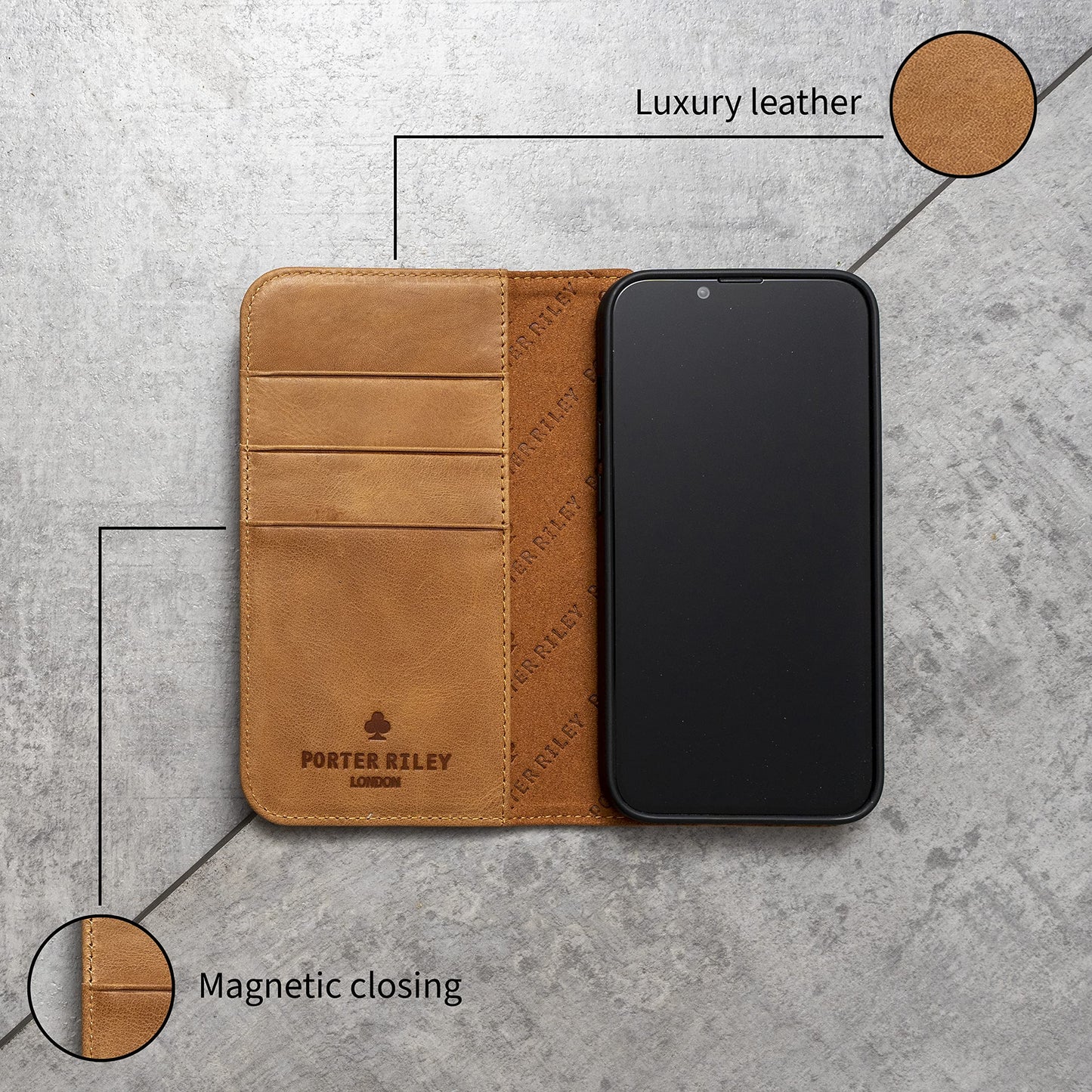 Porter Riley - Leather Case for iPhone 12 Mini (5.4"). Premium Genuine Leather Stand/Cover/Wallet/Flip Case with [Card Slots] [Horizontal Stand] [Durable Frame] (Tan)