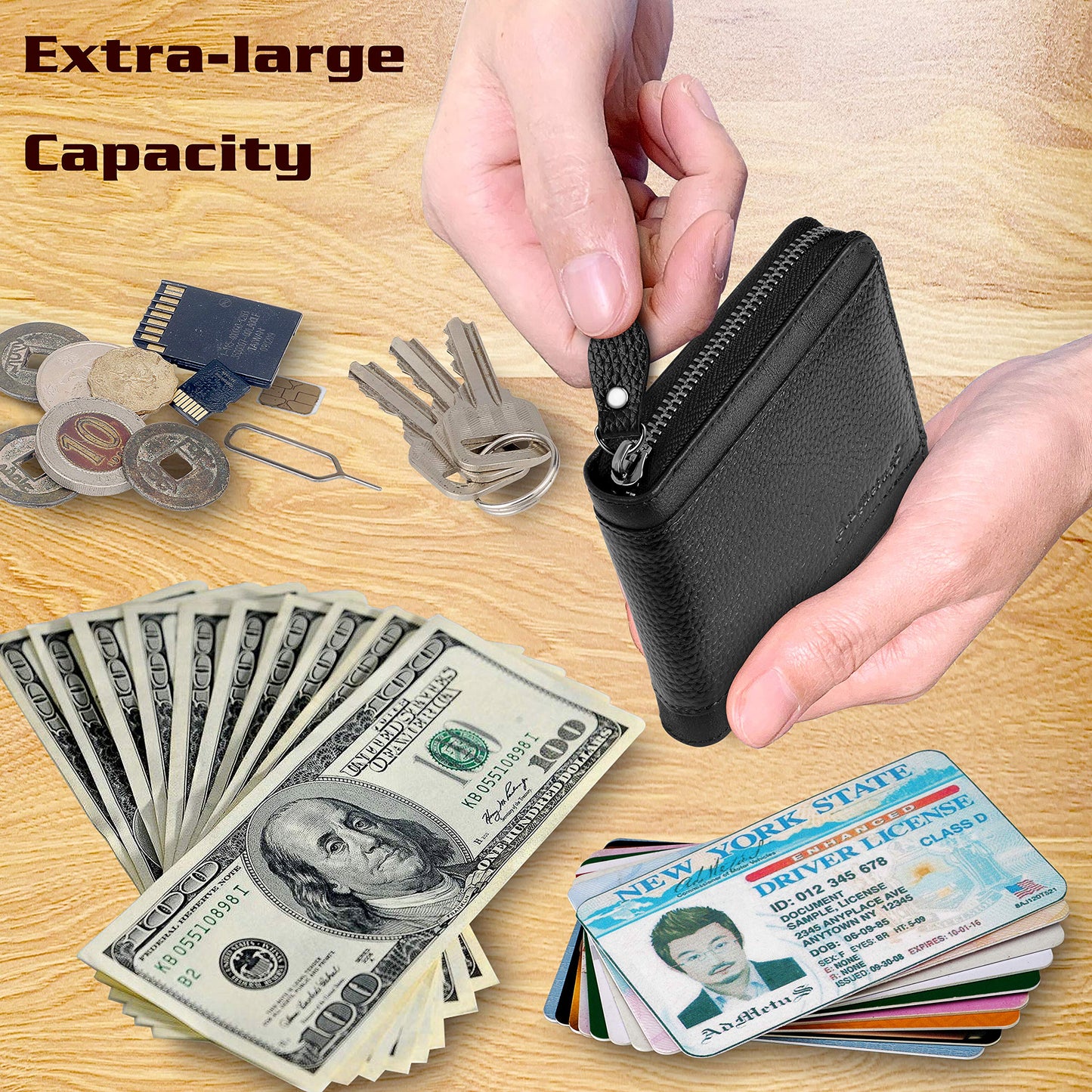 RFID Wallet for Men Leather Zip Wallet Bifold Card Holder Purse with Zipper Coin Pocket(Black-21)
