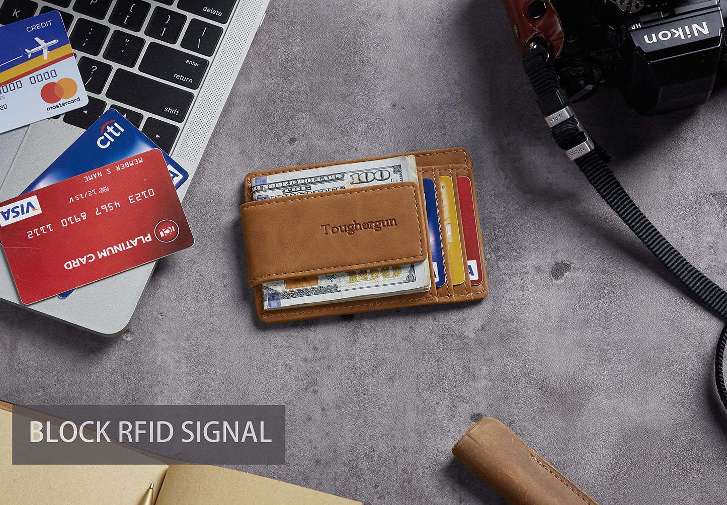 Toughergun Slim Wallet for Men RFID Blocking Money Clip, Minimalist Front Pocket Credit Card Holder, Magnetic Thin Mens Wallets with ID Window(Deep Brown)