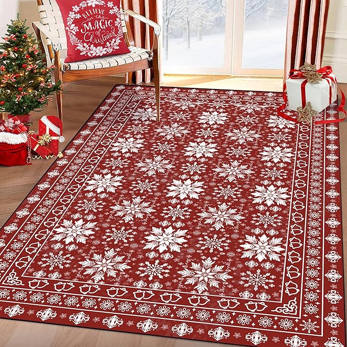 3' X 5' Christmas Rugs Red Snowflake Area Rug Indoor Washable for Entryway Dorm Laundry Bedroom Living Room Nursery Xmas Doormat for Kids Women Holiday Decor Mat Vintage