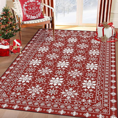 3' X 5' Christmas Rugs Red Snowflake Area Rug Indoor Washable for Entryway Dorm Laundry Bedroom Living Room Nursery Xmas Doormat for Kids Women Holiday Decor Mat Vintage