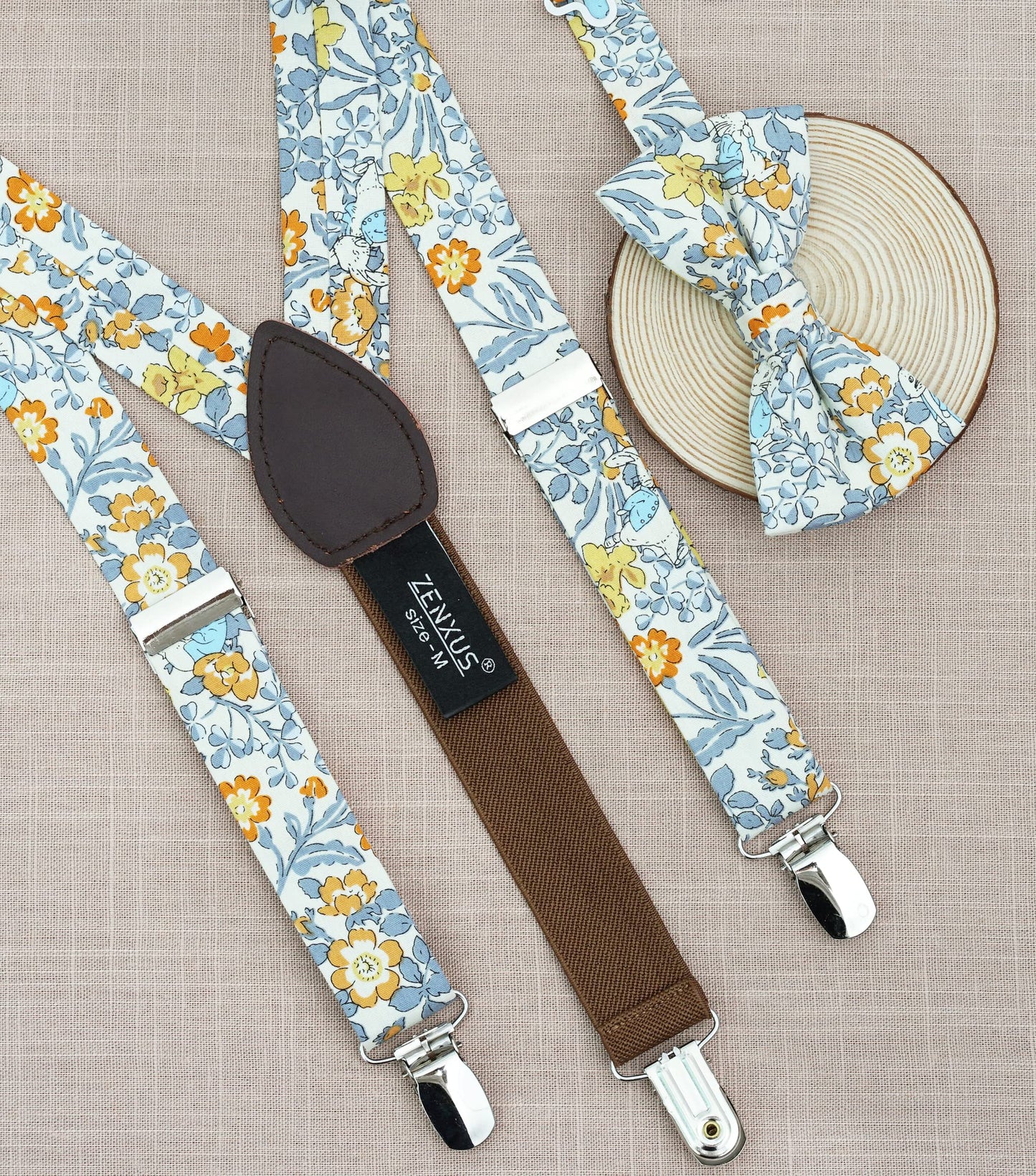 ZENXUS Floral Cotton Suspenders and Pre-tied Bow Tie Set for Babies and Toddlers