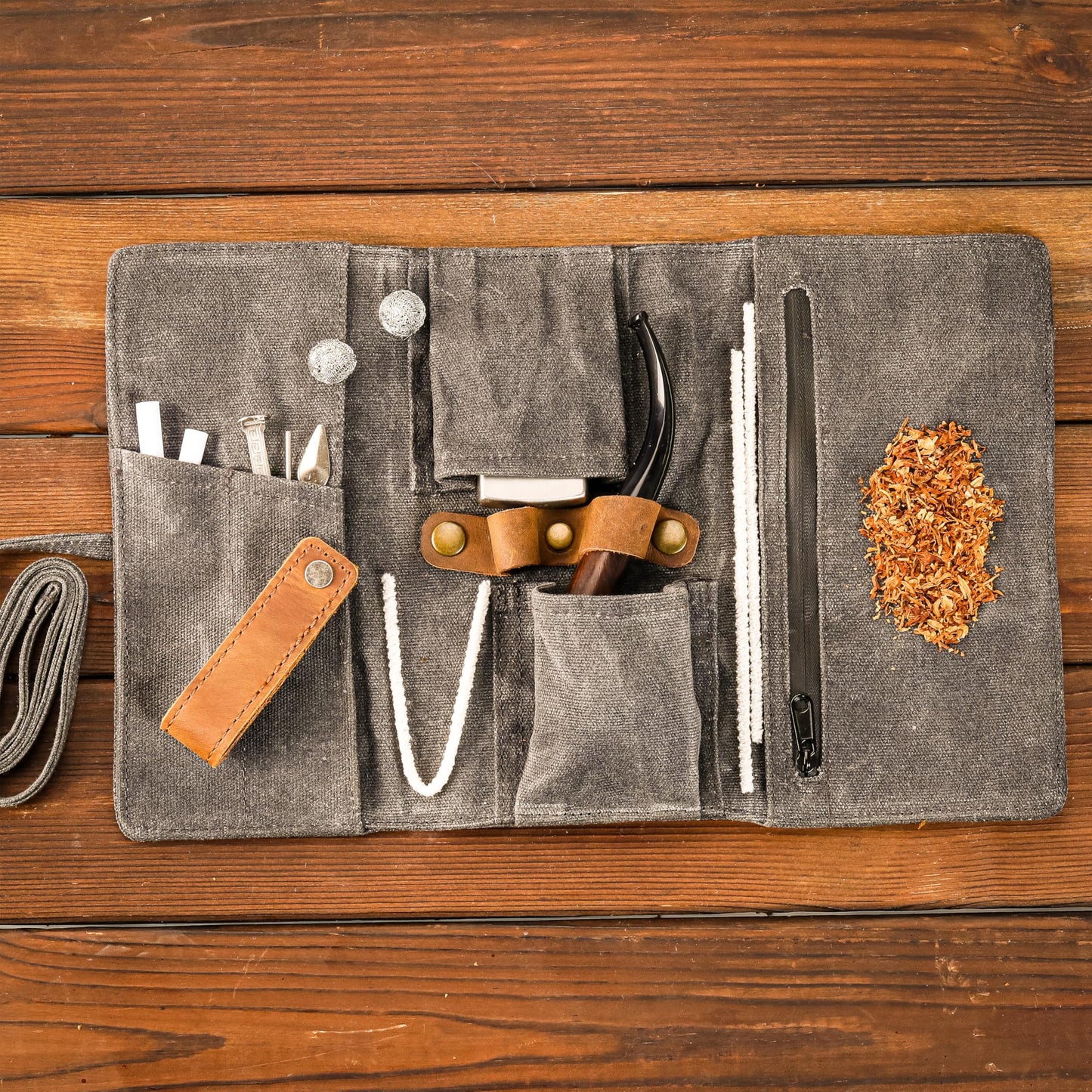 Whitluck's Waxed Canvas Tobacco Smoking Pipe Pouch with Leather Pipe Stand, Travel Pipe Case Bag for 2 Pipes and Other Accessories (Charcoal Grey)