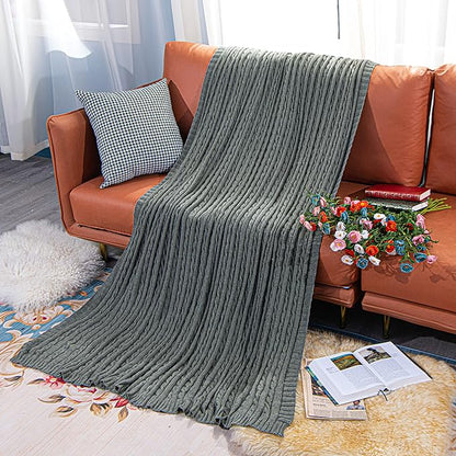 NTBAY 100% Pure Cotton Cable Knit Throw Blanket, Super Soft Warm 51x67 Knitted Throw Blanket for Couch, Sofa, Chair, Bed - Extra Cozy, Machine Washable, Comfortable Home Decor, Grey and White
