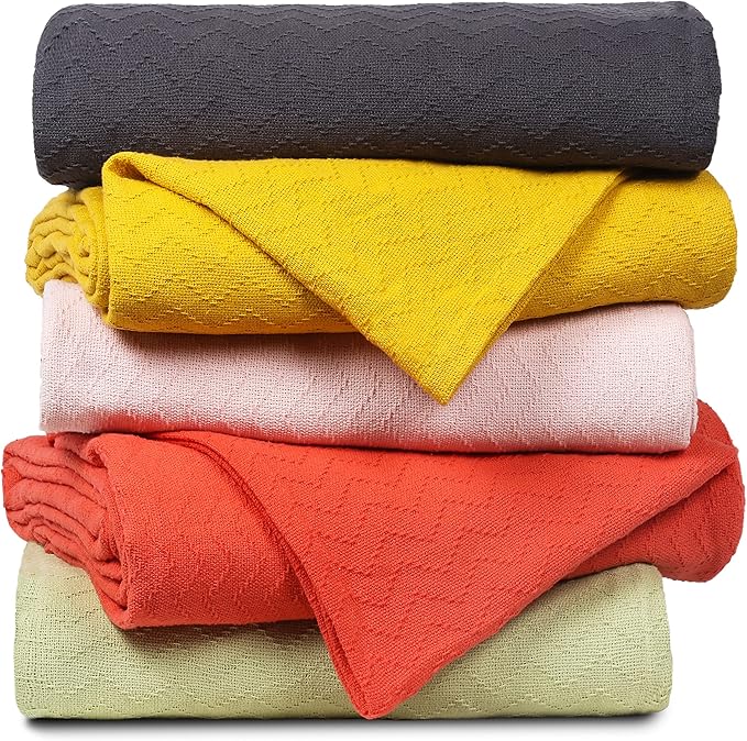 BELIZZI HOME 100% Cotton Bed Blanket,Breathable Thermal Blanket Full Queen Size,Soft Chevron Thermal Blanket 90x90in,Cotton Bed Blanket,Perfect for Layering Any Bed for All Season,Coral